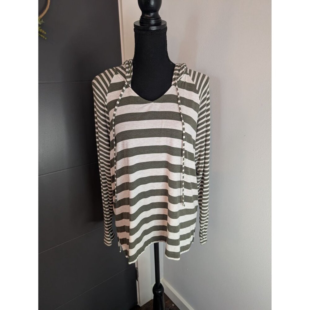 Cabi Playoff Hooded Blouse Lightweight Green and White Striped Hoodie Style 5731